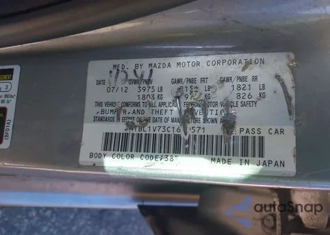 2012 Mazda Mazda3 I Touring from USA, damaged, VIN JM1BL1V73C1699571